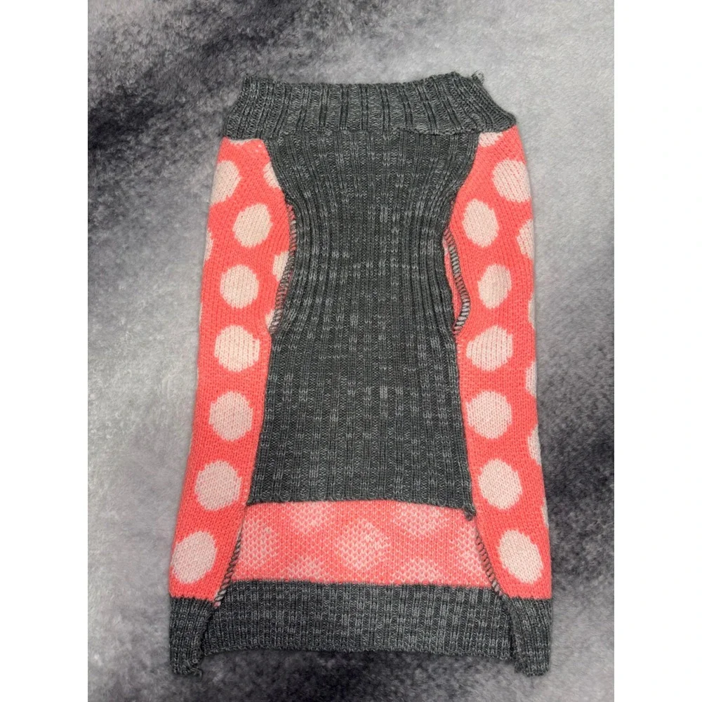 (B4) Pink Polka Dot Dog Sweater with Heart Patch Gray‎ Trim Size Large
